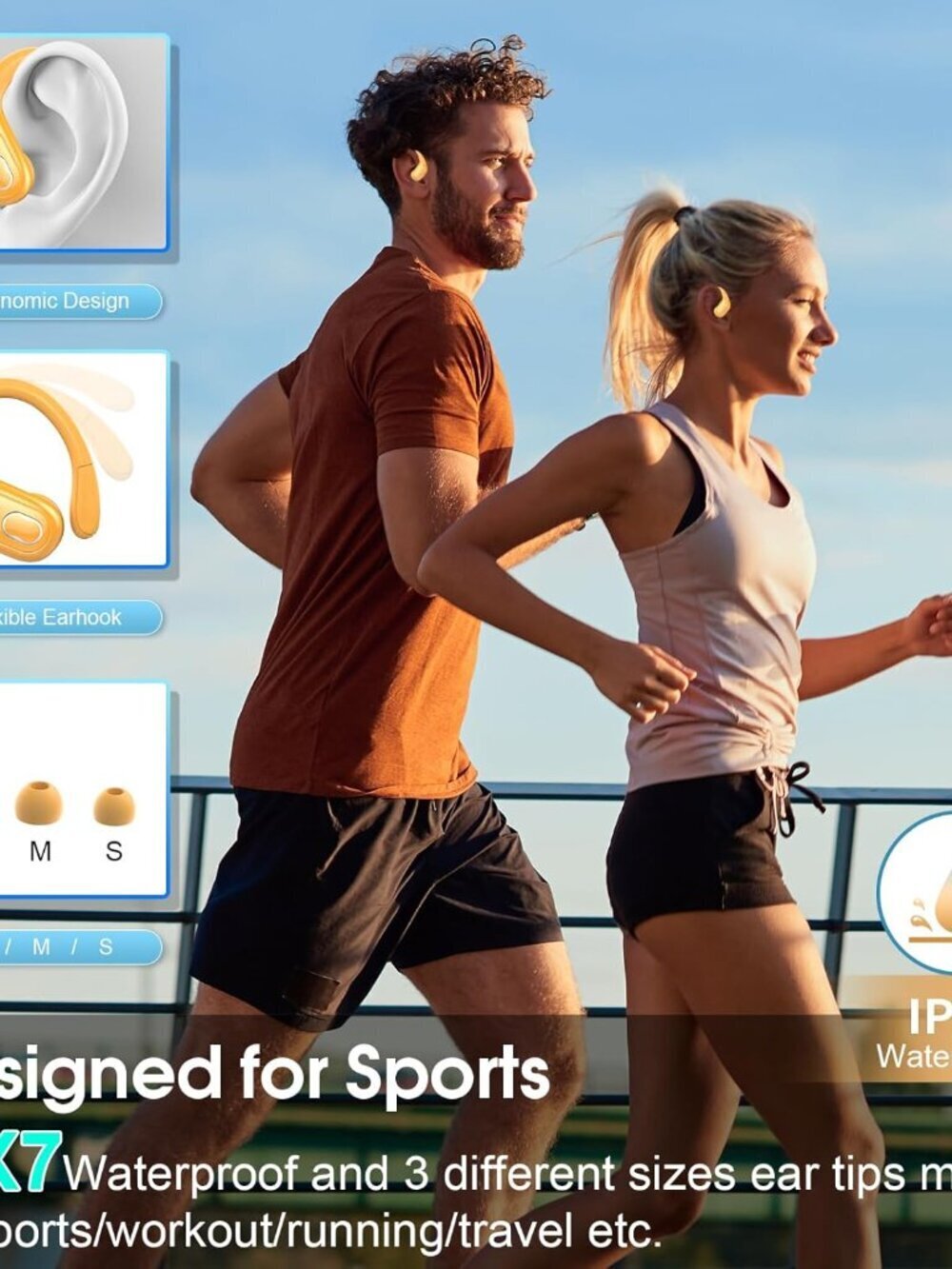 Yellow Wireless Earbuds Bluetooth Headphone Sport with Ear hooks Workout - Picture 3 of 7